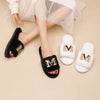 Women's Plush Slippers with Metallic "M" Design - Soft Sole, Cozy Fuzzy Fabric, Black & White Options, Comfortable Indoor Shoes for All Seasons, Ladies Slippers