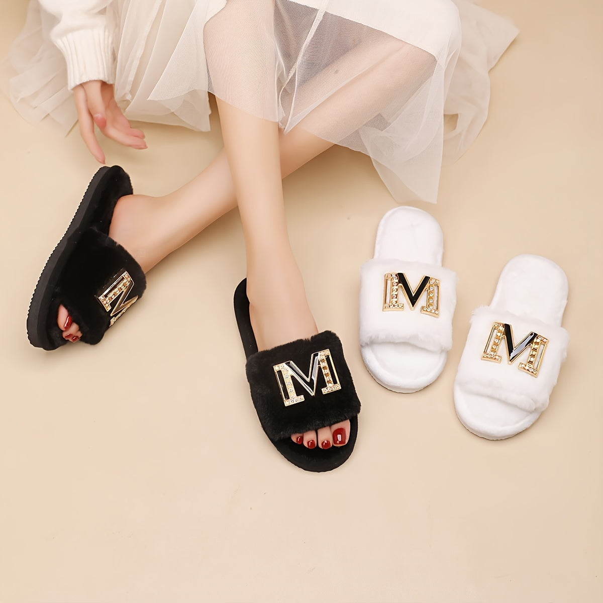 Women's Plush Slippers with Metallic "M" Design - Soft Sole, Cozy Fuzzy Fabric, Black & White Options, Comfortable Indoor Shoes for All Seasons, Ladies Slippers