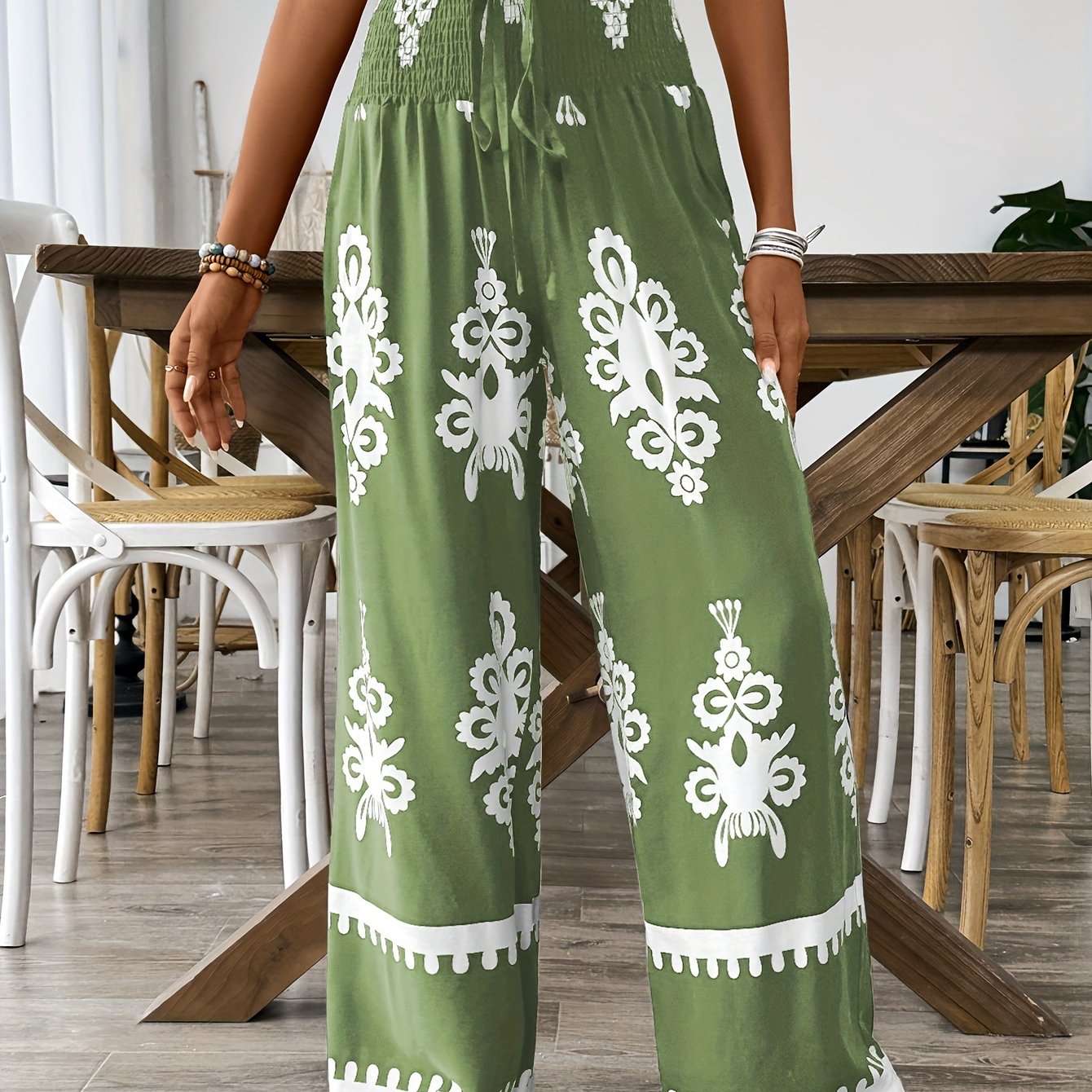 Women's Navy & White Floral Print Wide-Leg Pants with Elastic Waist Drawstring & Smocking Detail - Machine Washable All-Season Elegant Casual Trousers for Women, Comfortable Fashion, Smooth Texture Fabric