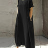Women's New Summer Round Neck Short Sleeve Loose Dress with Pocket, Elegant and Pure Color Mid-Long Casual Skirt