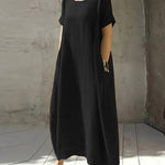 Women's New Summer Round Neck Short Sleeve Loose Dress with Pocket, Elegant and Pure Color Mid-Long Casual Skirt