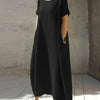 Women's New Summer Round Neck Short Sleeve Loose Dress with Pocket, Elegant and Pure Color Mid-Long Casual Skirt