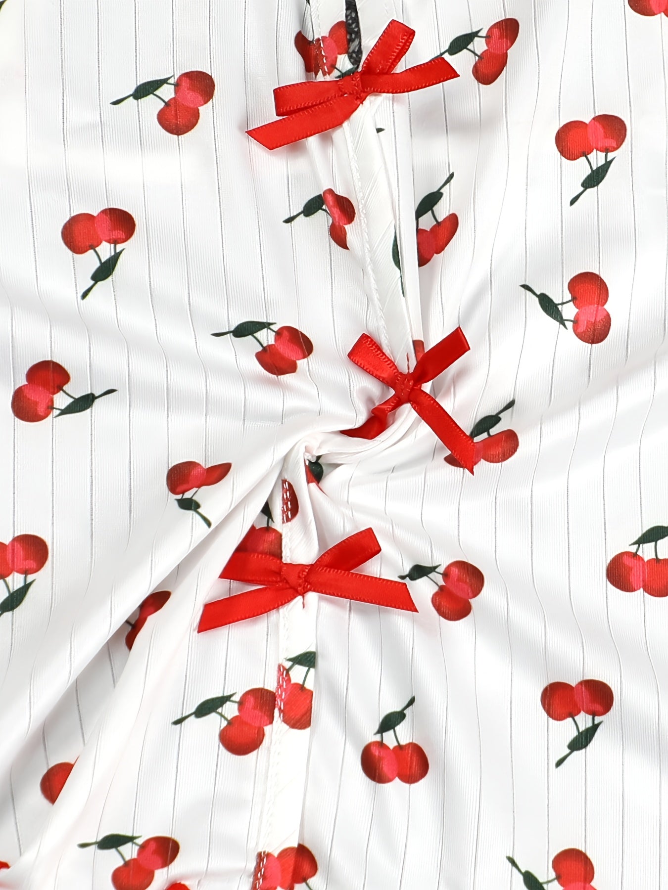 [Cherry Print Knit Pullover Pajama] Women'S Elegant Cherry Print Pajama Set, Sexy Spaghetti Strap Backless Long Pants, Knit Fabric Pullovers with Contrast Mesh, Polyester 95% Elastane 5%, Spring/Summer/Fall Sleepwear