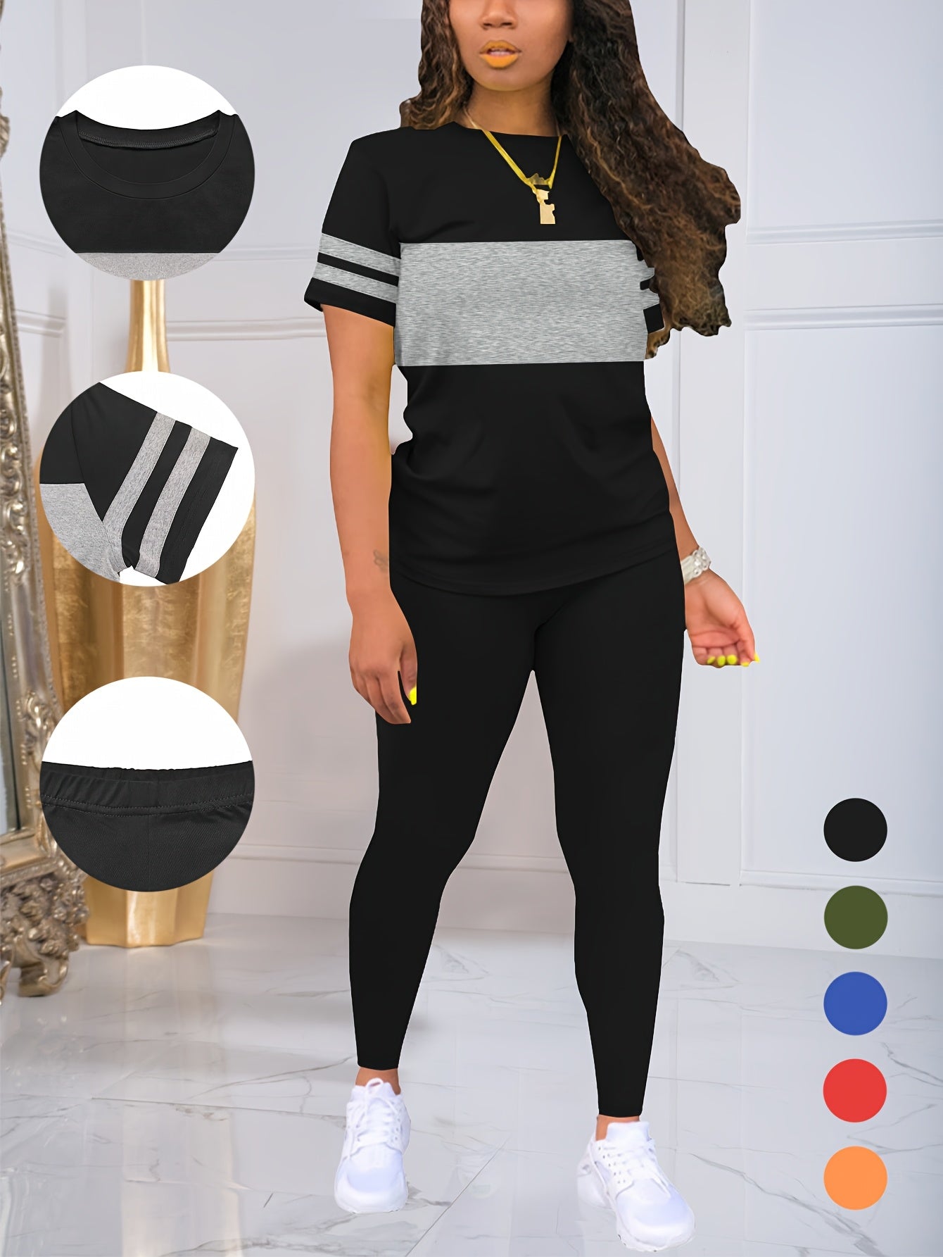 Women's Spring and Summer Round Neck Short Sleeve Top and Pants Set, Solid Color and Colorful Elastic Women's Set