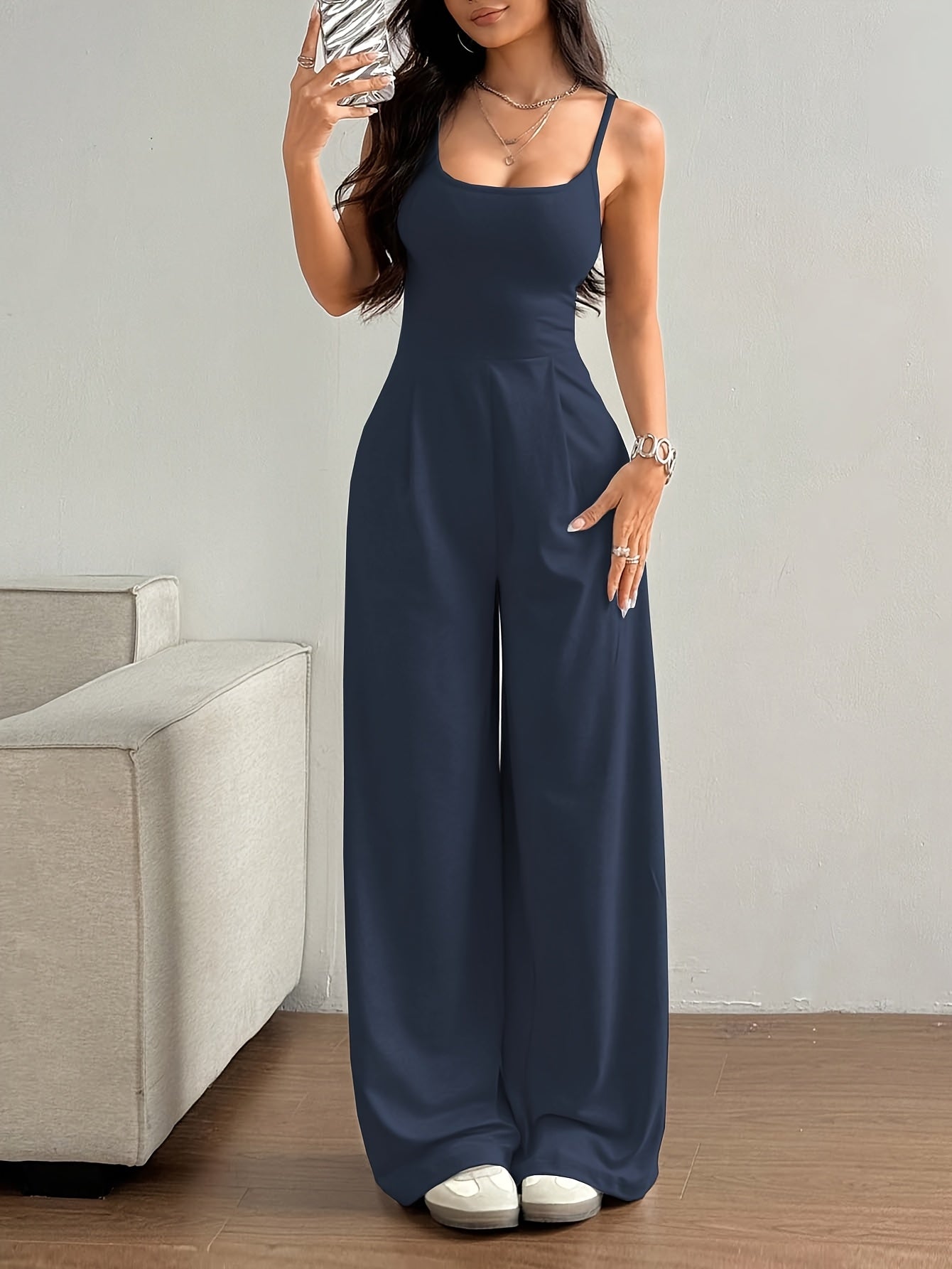 Women's Elegant Sleeveless Backless Jumpsuit - Soft Stretchy Straight-Leg Pants with Mid-Thigh Slant Pockets, Machine Washable Spring/Summer Casual to Party Wear for Beach Outings & Formal Events, Summer Outfit | Comfortable