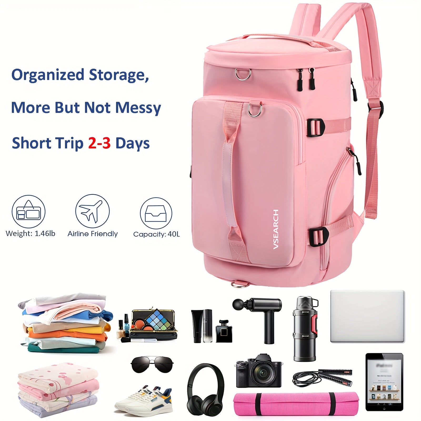 Hiking Travel Bag, Gym Bag, Sports Duffle Backpack with Shoes Compartment, Overnight Travel Weekender Bag Carry On Backpack with Side Zippered Dry Wet Separated Bag