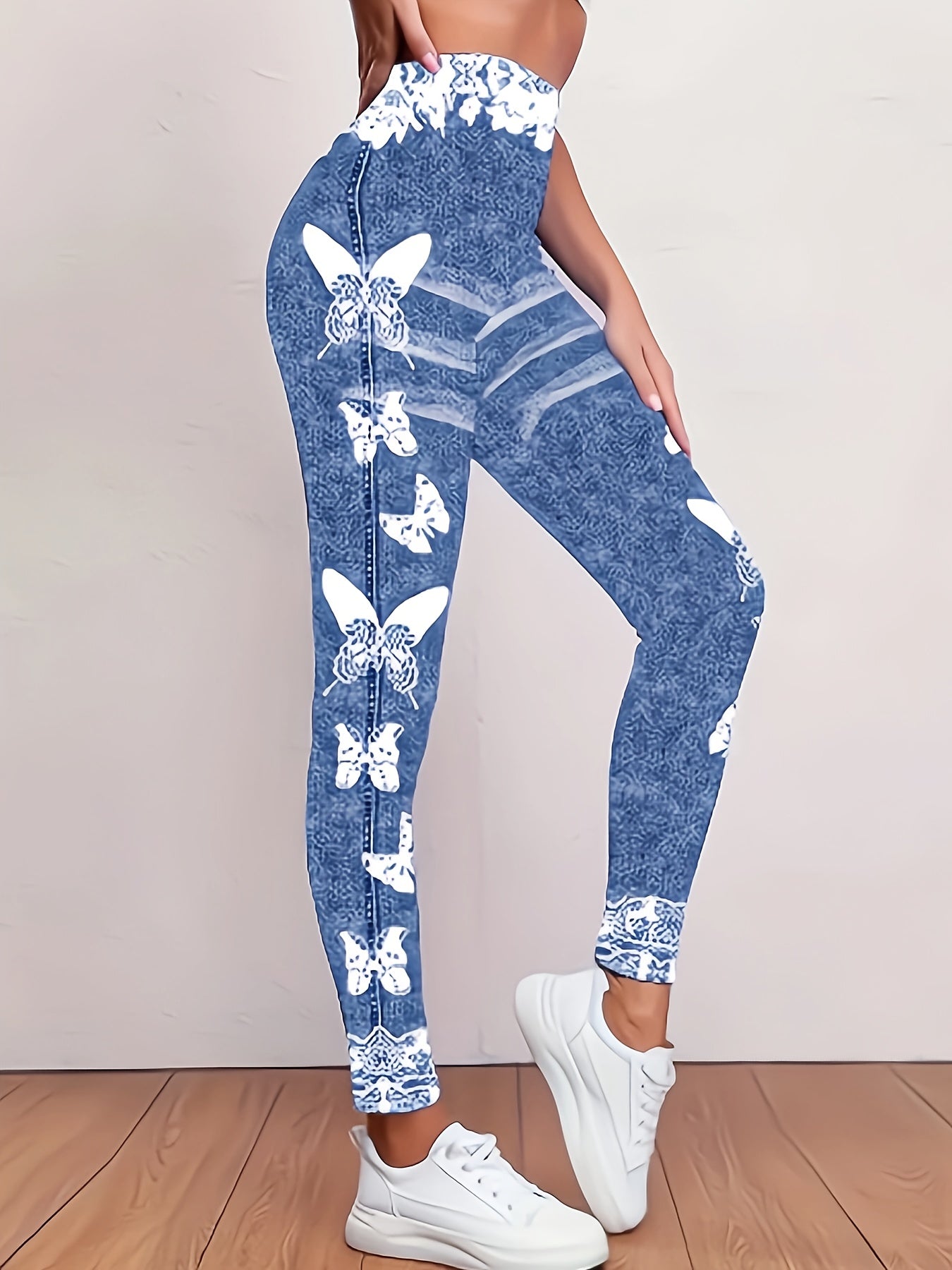 Women'S Fashion Butterfly Printed Faux Denim-Like Leggings, Elastic Waist Long Length Knit Fabric, Casual All-Season Polyester & Spandex Blend, Regular Fit Weekend Casual Joggers