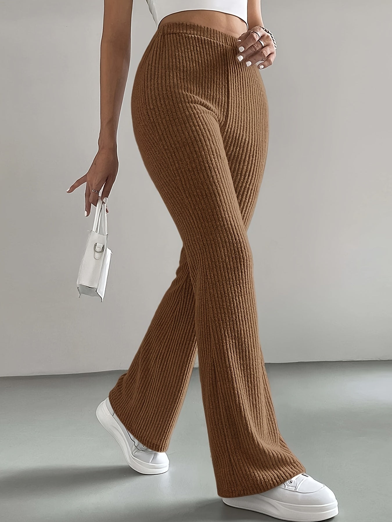 High-Waisted Flare Pants, Elegant Solid Women's Trousers