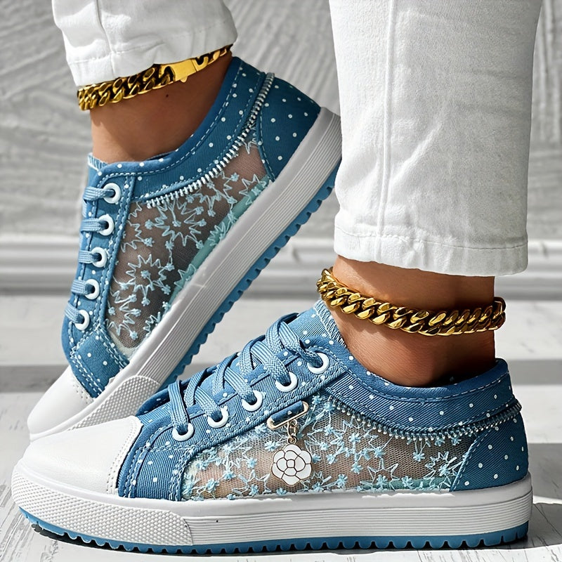 Floral Pattern Embroidery Dot Print Sneakers