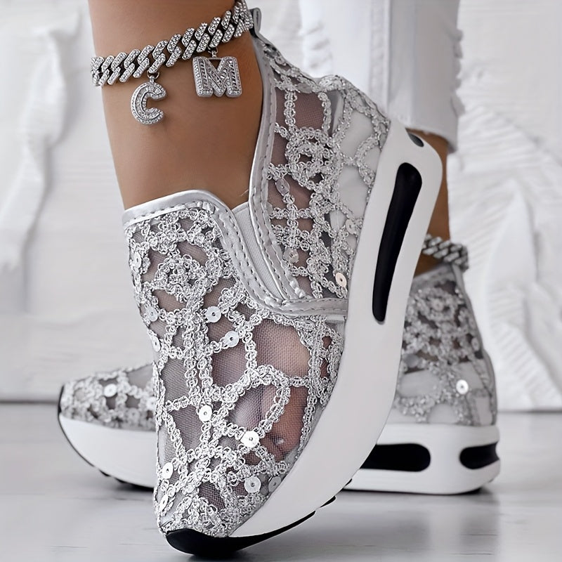 Abstract Print Side Lace-up Casual Wedge Sneakers - Without Anklet