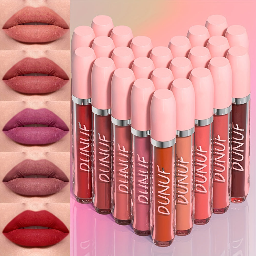 DUNUF 25pcs Matte Lipstick Set, Water-Resistant, Long-Lasting, Non-Fade, Non-Stick Cup, All Skin Types, Adult, Red & Mixed Tones, Matte Finish