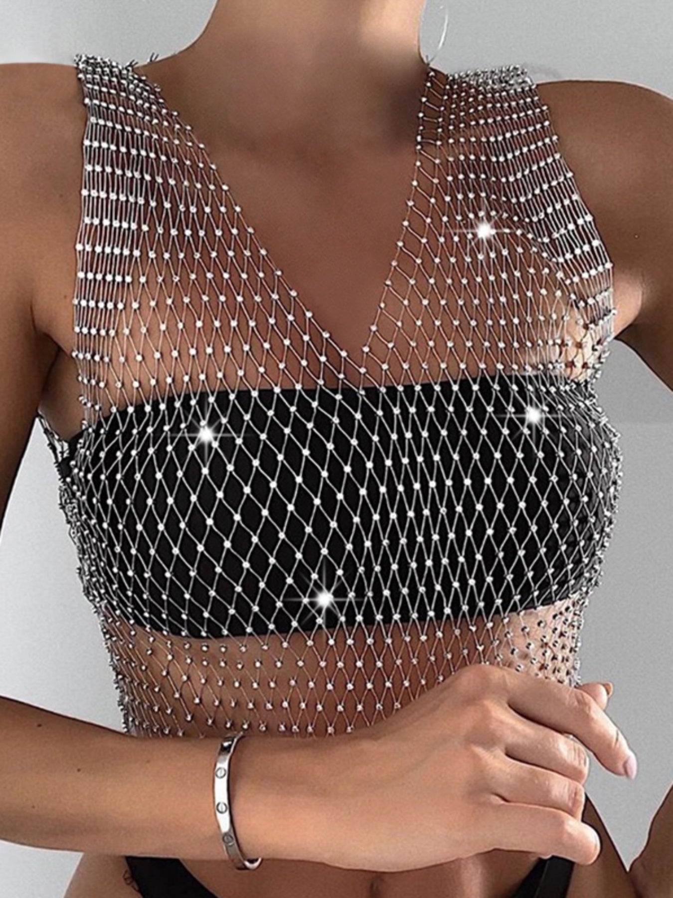 Women’s Rhinestone Fishnet Tank Top - Sleeveless V-Neck, Stretchy & Sheer Glitter Mesh for Party & Clubwear, White, Trendy Outfit | Sparkly Fishnet Design | Stretchy Mesh Fabric