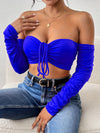 Women's Drawstring Front Off Shoulder Ruched Long Sleeve Crop Top - Sexy & Stylish - For Nightclub & Parties - Perfect Gift for Women