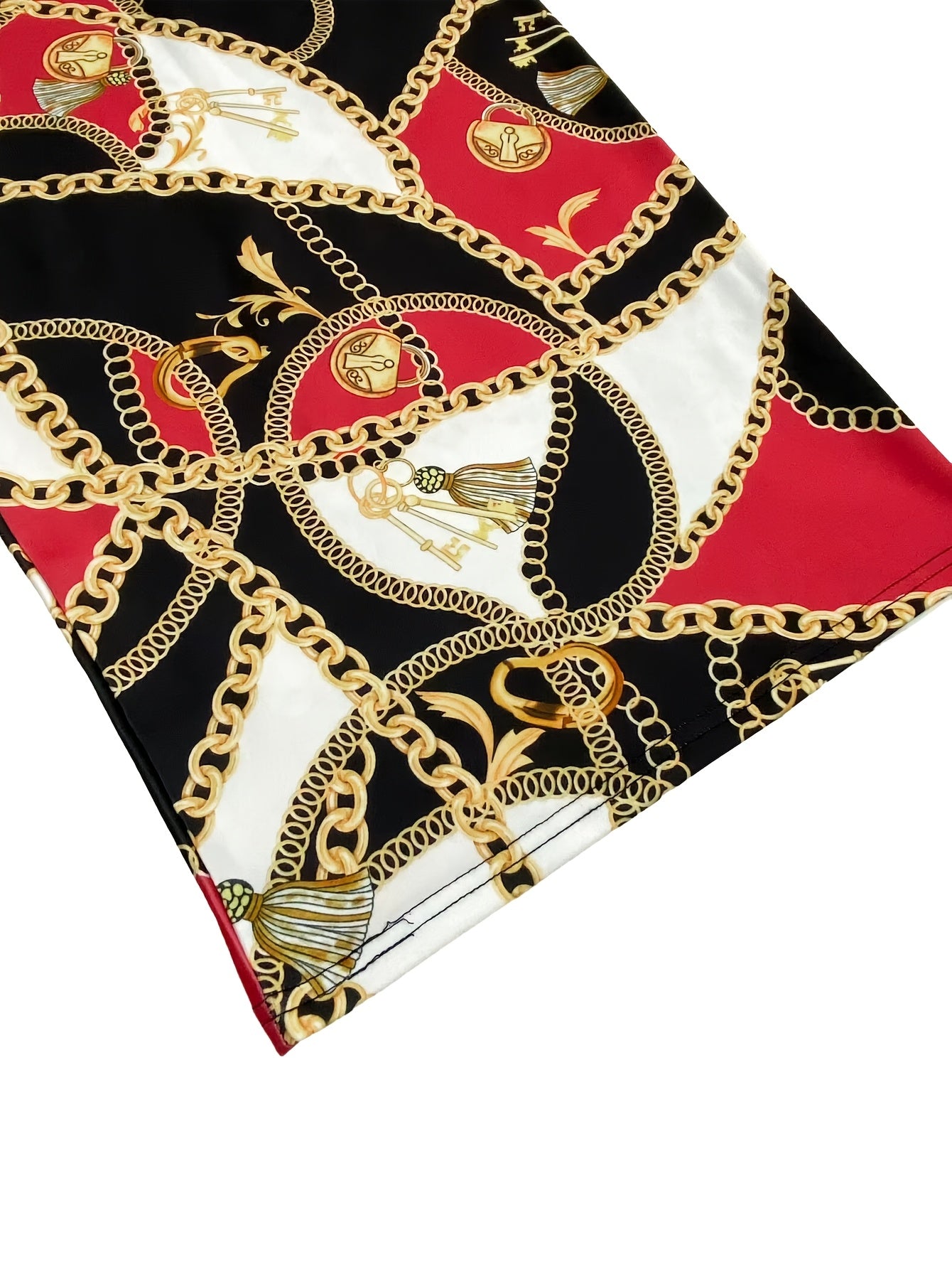 Summer 2019 Women’s Sleeveless Bodycon Midi Dress - Sexy Chain Print, Crew Neck, Stretch Polyester Blend, Black/Red/Golden Design, Machine Washable