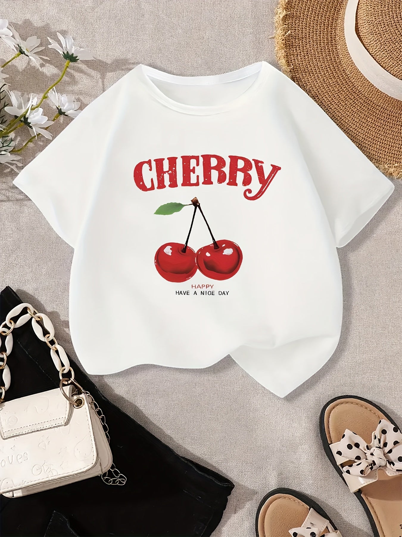 Girls' Cherry Graphic Tee - Soft & Quick-Dry Polyester Blend, Casual Round Neck Short Sleeve T-Shirt with "Have a Nice Day" Print, Perfect for Spring/Summer Outings, Girls Tshirts