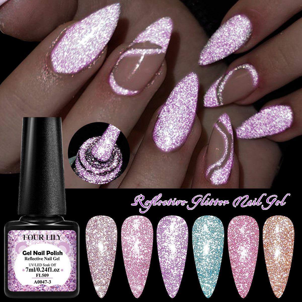 FOUR LILY 0.24oz Reflective Glitter Nail Gel - Semi-Permanent Soak Off LED Varnish for Manicure, Sparkling Pink & Purple Swirls, Long-Lasting Shine, Easy Application, Nail Art Gel | Glittery Nail Polish | Vibrant Colors, Nail