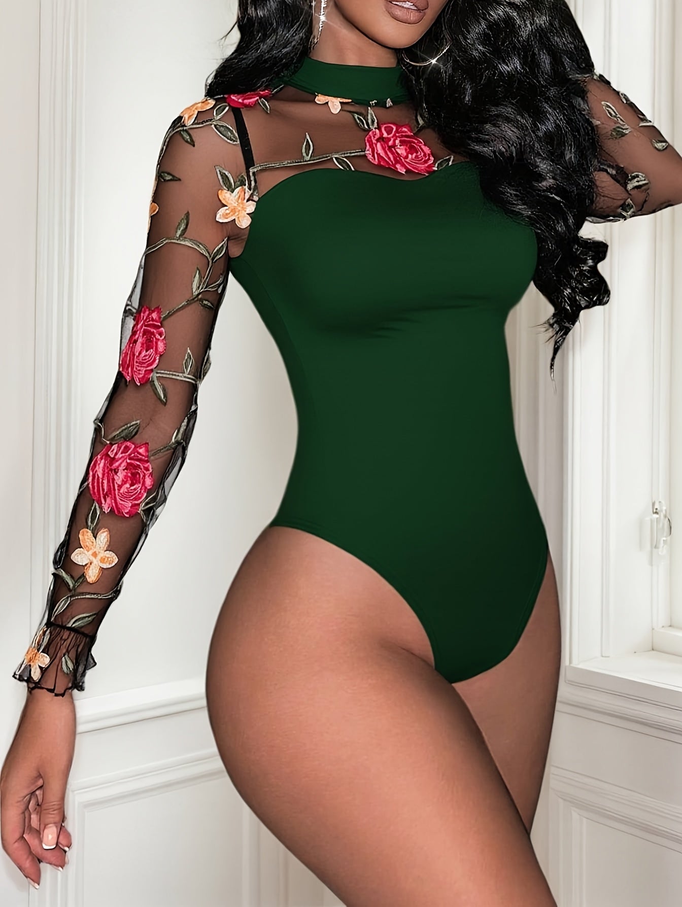 Women'S Green Floral Mesh Sheer Bodysuit, Long Sleeve Embroidered See-Through One-Piece, Elegant Sexy Outfit For Date Night Or Photoshoot