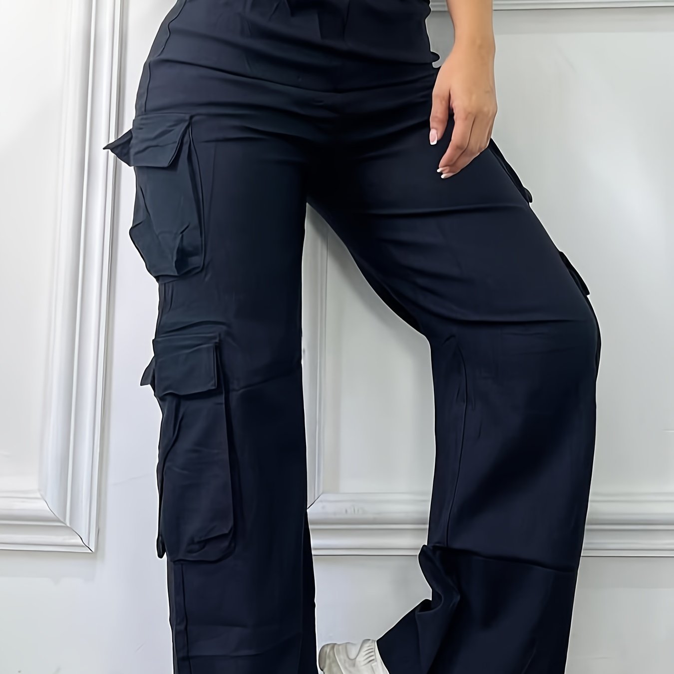 Flap Pockets Straight Leg Cargo Pants - Young Elastic High Waist Pants For Spring & Fall - Women's Clothing - For Women - Suitable for Casual Wear - Perfect Gift for Fashionable Ladies