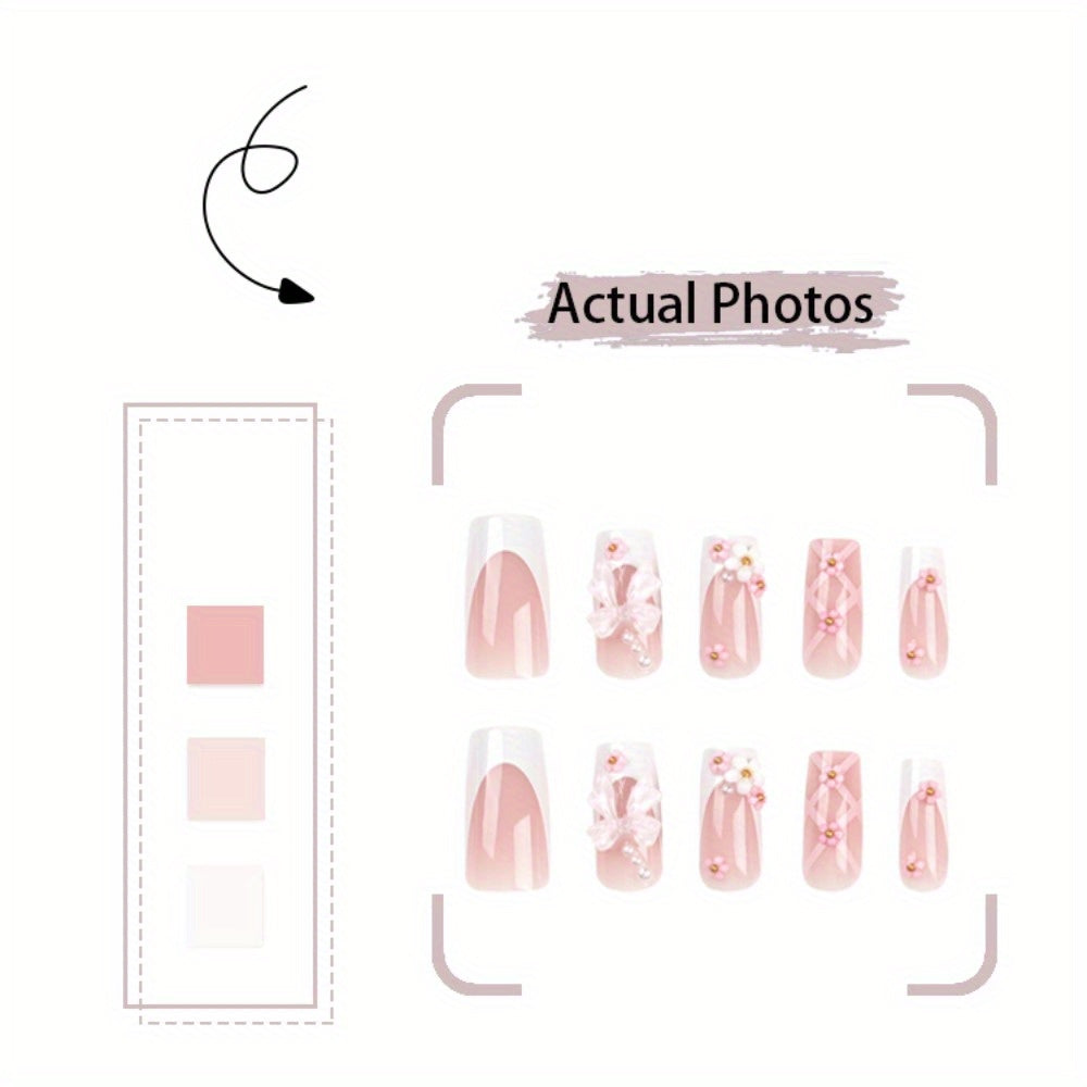 24pcss Press-On Nails, Elegant Pink French Style, Bow and Floral Designs, Coffin Shape, Perfect Fit and Lightweight, 4pcs Nail Tool Set, Ideal for Weddings and Parties, Makes You Irresistibly Charming!