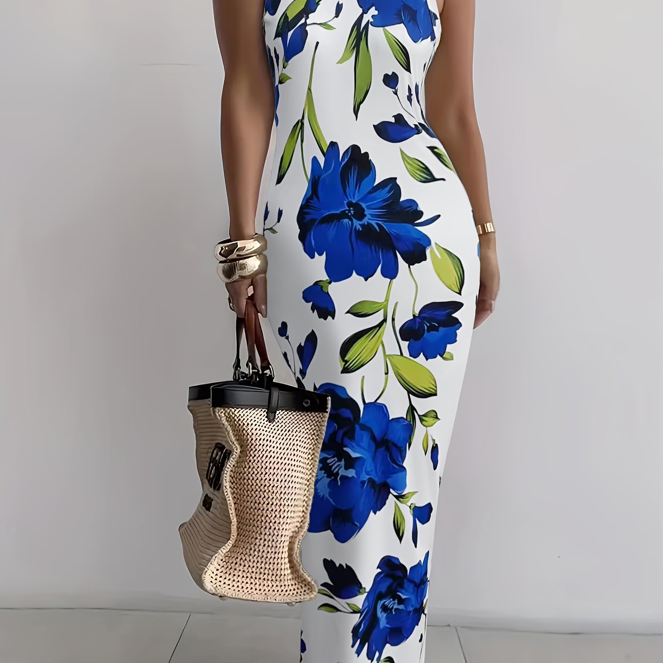 Elegant Floral Print Bodycon Maxi Dress, Polyester Knit Fabric, Crew Neck Sleeveless Long Dress for Women, All-Season, Halter Dress