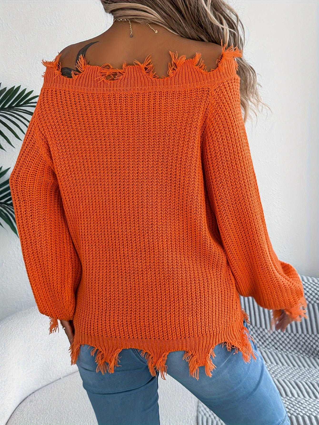 Raw Trim Off-shoulder Ripped Sweater - Stylish Long Sleeve Sweater For Spring & Fall - Women's Clothing -  Soft & Cozy Fabric - Perfect Gift for Fashionable Women