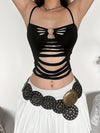 Summer 2025 Sexy Butterfly Cut-Out Backless Cami Top for Women - Solid Black, Spaghetti Strap, Slim Fit, Machine Washable, Semi-Sheer Design with Decorative Metal Ring Detail, Semisheer Fashion | Cutout Fashion | Singleshould