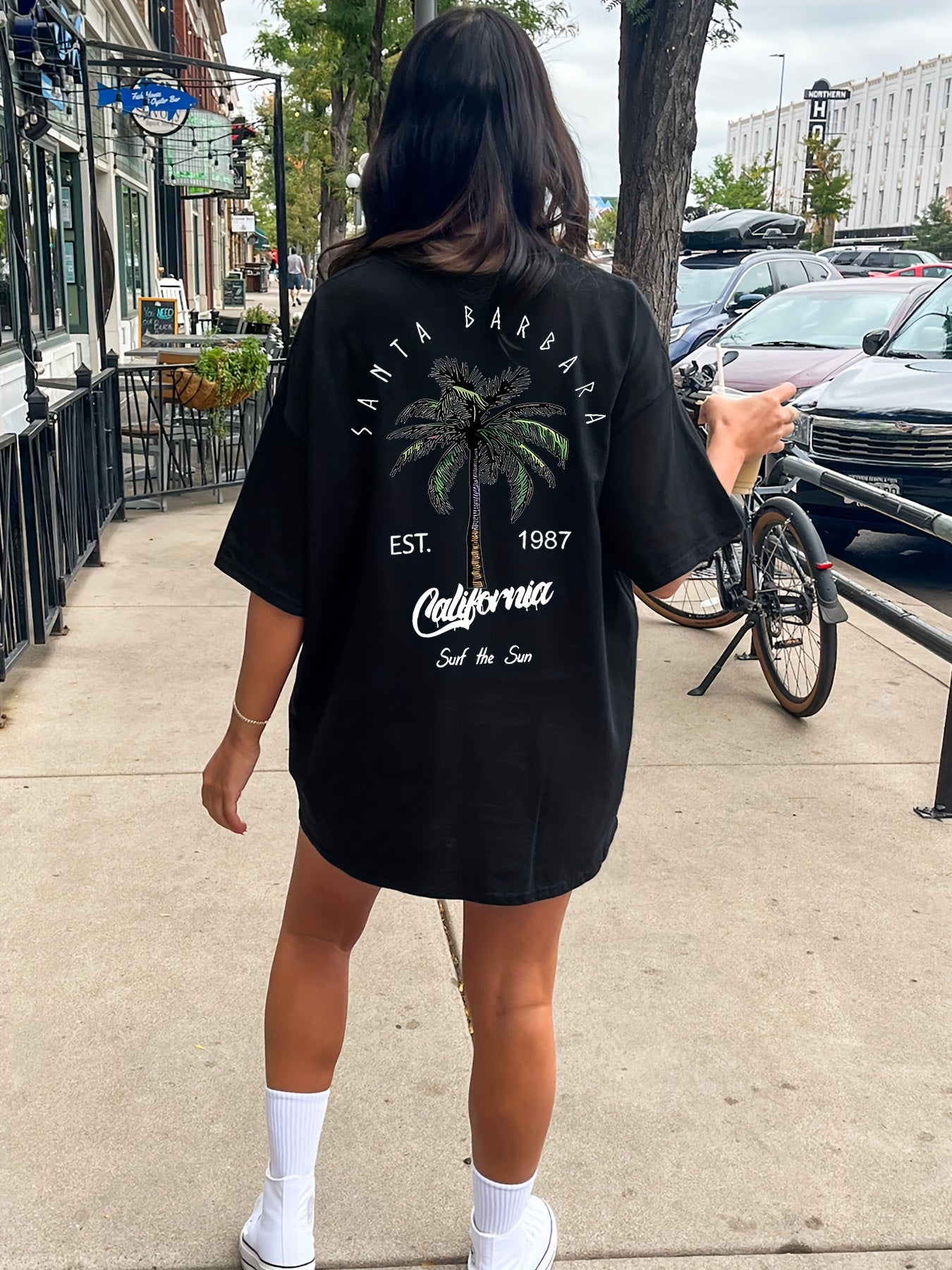 Letter & Coconut Tree Print Crew Neck Tee Dress, Casual Short Sleeve Dress For Spring & Summer, Women's Clothing
