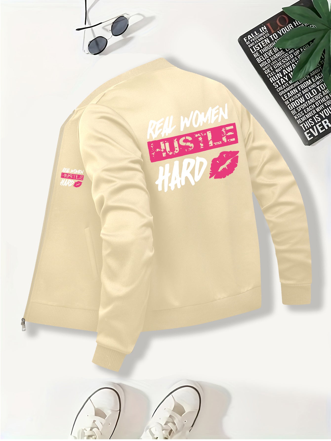 Everyday Comfort, Women's "Real Women Hustle Hard" Casual Bomber Jacket - Mint Green, Long Sleeve, Zip-Up with Pink Lips Graphic, Polyester Blend, Machine Washable, Motivational Apparel|Trendy Bomber Jacket|Smooth Texture Fab