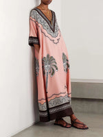 Casual Printed V-Neck Loose Satin Resort Dress