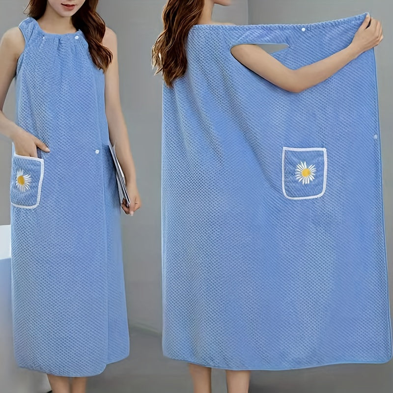 Light Blue Extra-Long Coral Fleece Bath Towel with Daisy Pocket - Super Absorbent, Machine Washable, Soft & Durable for Bathroom Use, Robe Wear | Detailing | Light Blue Coral Fleece