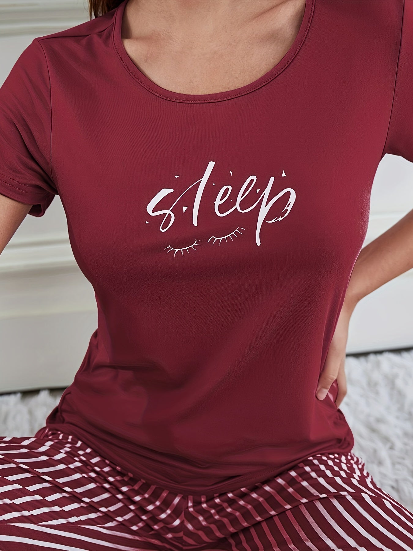 Women's Plus Casual Lounge Set - Plus Size Eyelash & Letter Print Short Sleeve Top & Striped Joggers Pajama 2 Piece Set - Soft & Comfortable Fabric - For Women Seeking Cozy & Stylish Loungewear - Perfect Gift for Relaxation