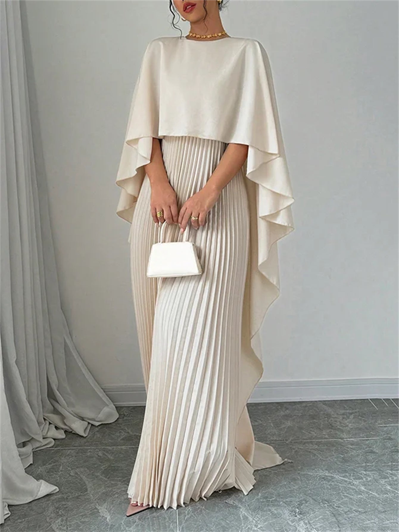 Flowing Long Skirt Elegant Solid Color Pleated Dress with Faux Two-Piece Design, Suitable for Banquets