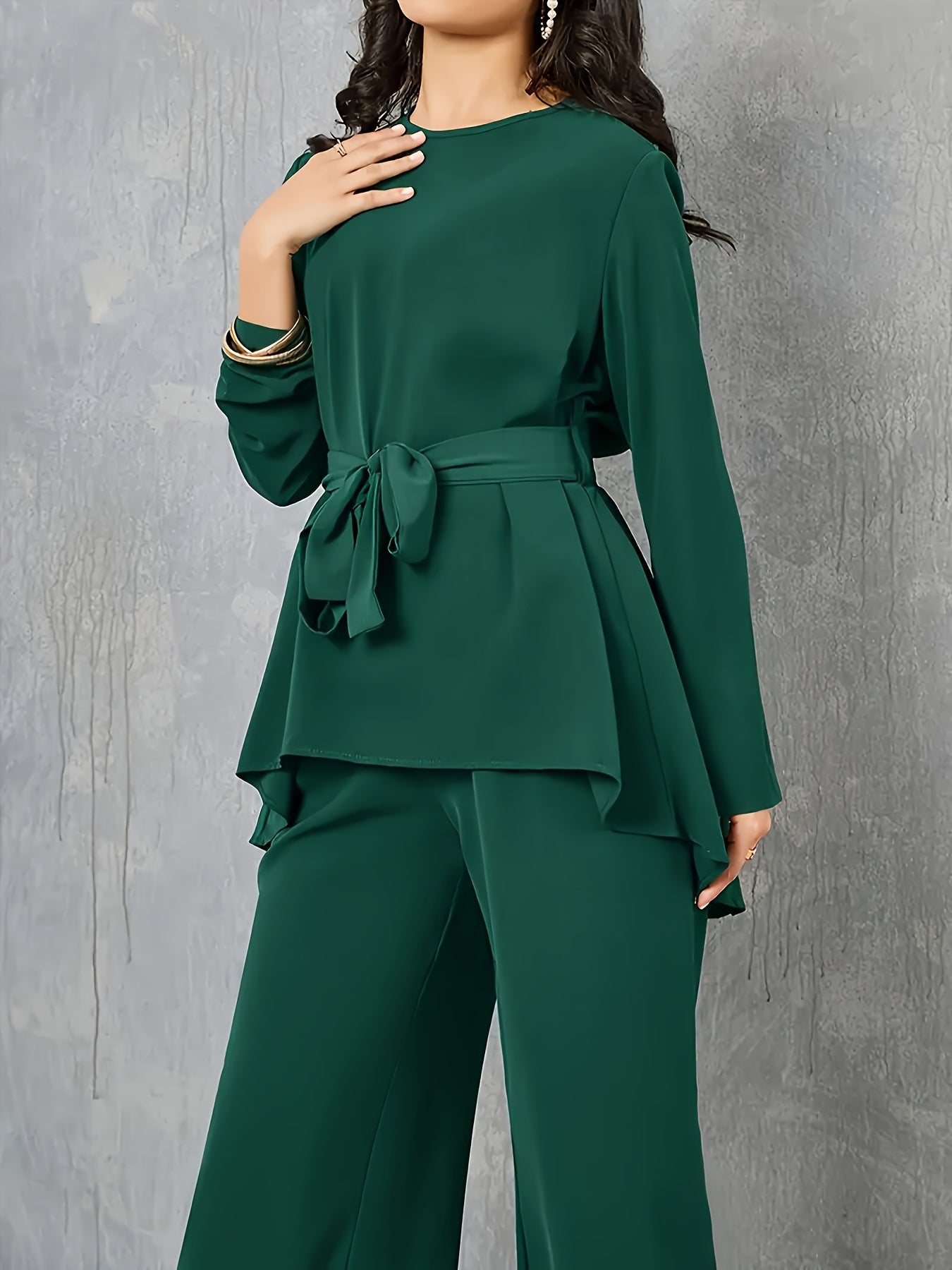 2 Pcs Solid Color Top & Pants Set, Long Sleeve Asymmetric Hem Belted Top & Straight Leg Pants Outfits, Women's Clothing