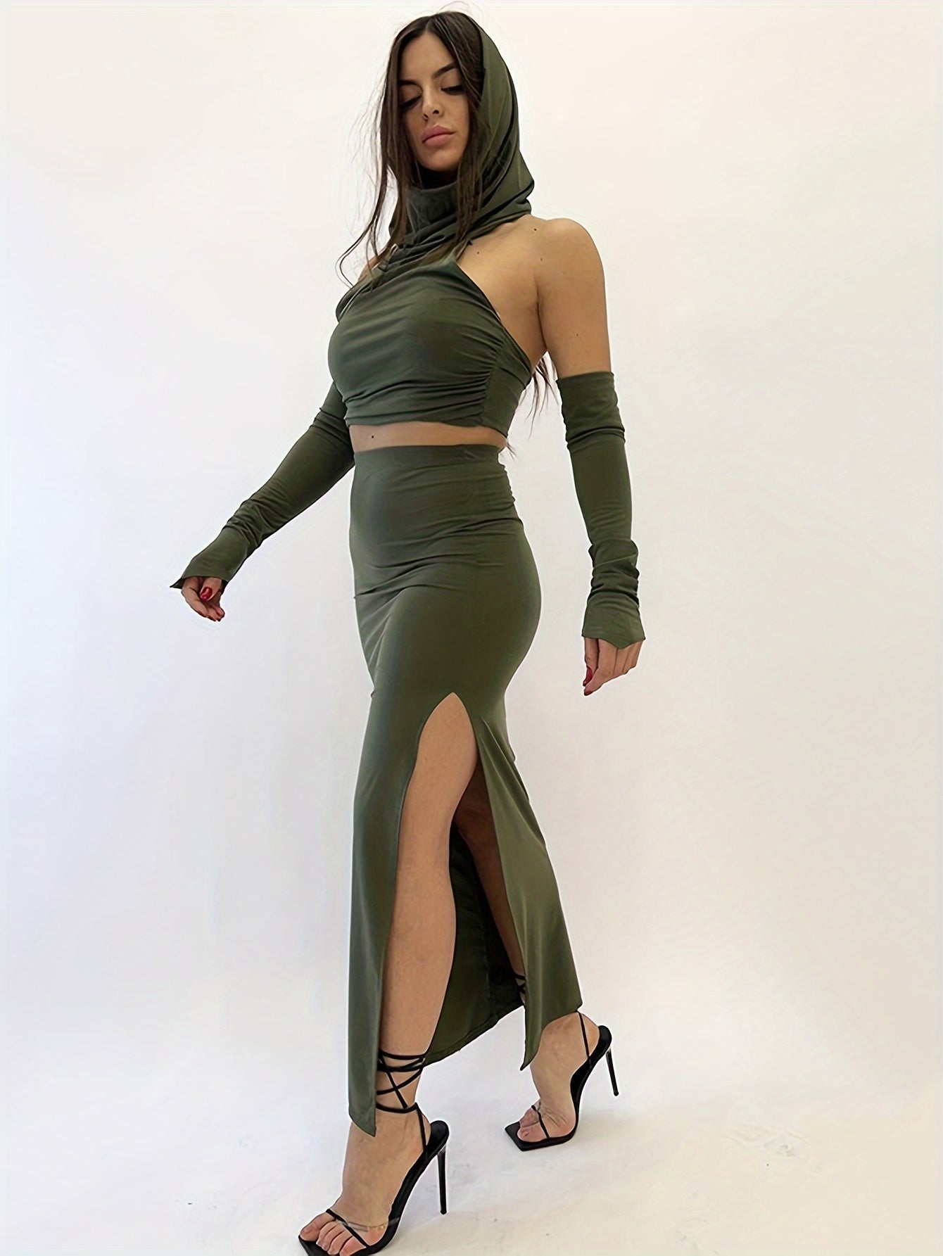 Two-Piece Stylish Solid Slim Set - Crop Backless Hooded Top with Adjustable Straps, Split Hem Skirt Outfit for Women, Chic Casual Wear for Daily Life, Party, or Outdoor Activities