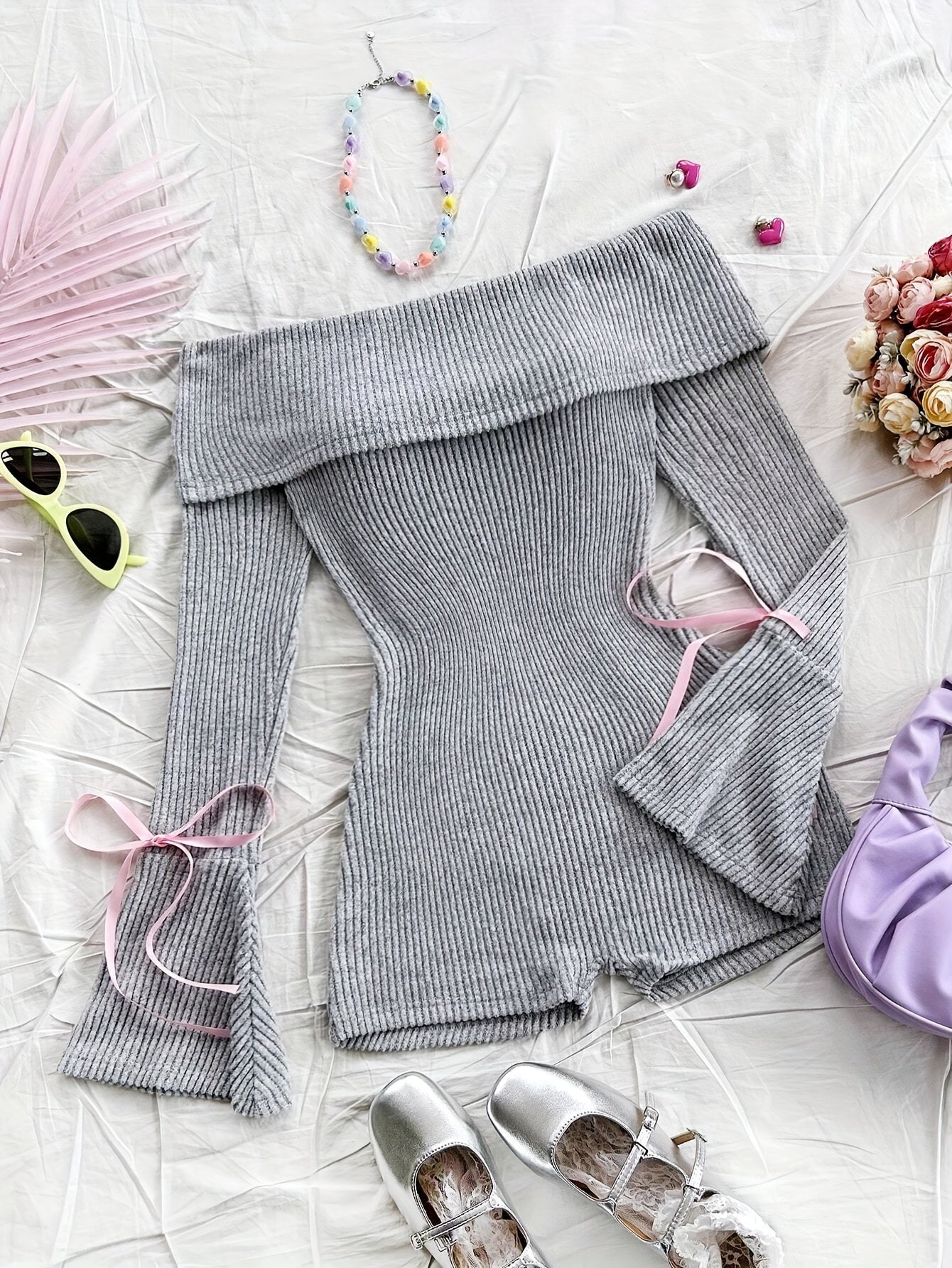 Elegant Direction Women'S New Autumn And Winter Knitted Solid Color Off-Shoulder Long Sleeve Flared Jumpsuit.