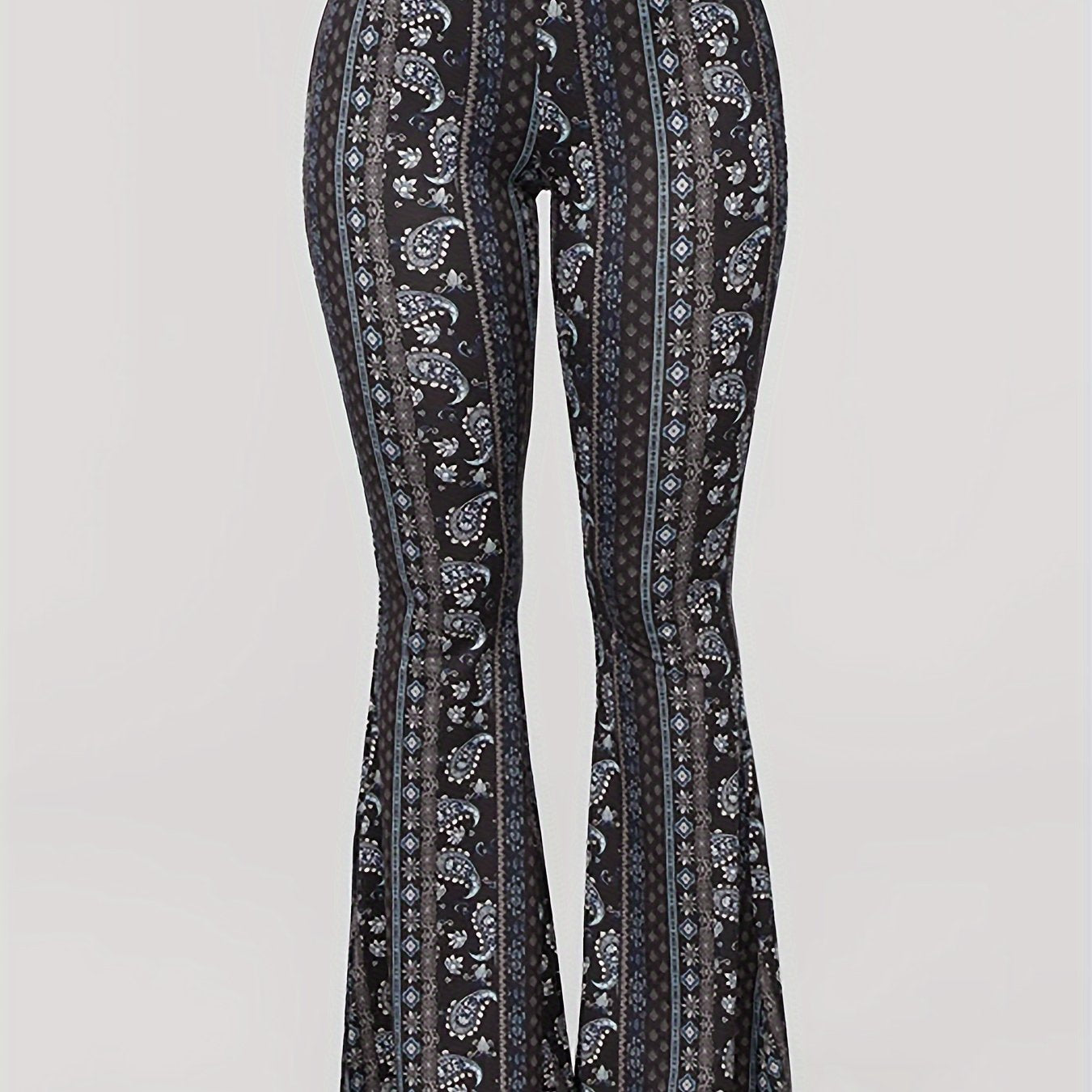 Women's High Waist Sexy Flare Pants - 100% Polyester Knitted Fabric, Paisley Print, All Season, Casual Bell Bottoms