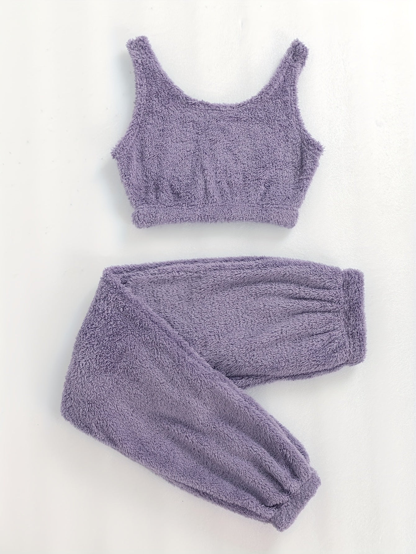 Cozy Solid Fuzzy Lounge Set - Soft Micro Elastic Polyester Tank Crop Top & Elastic Waistband Pants for Women - Machine Washable, Casual Fall/Winter Loungewear & Sleepwear for Adult