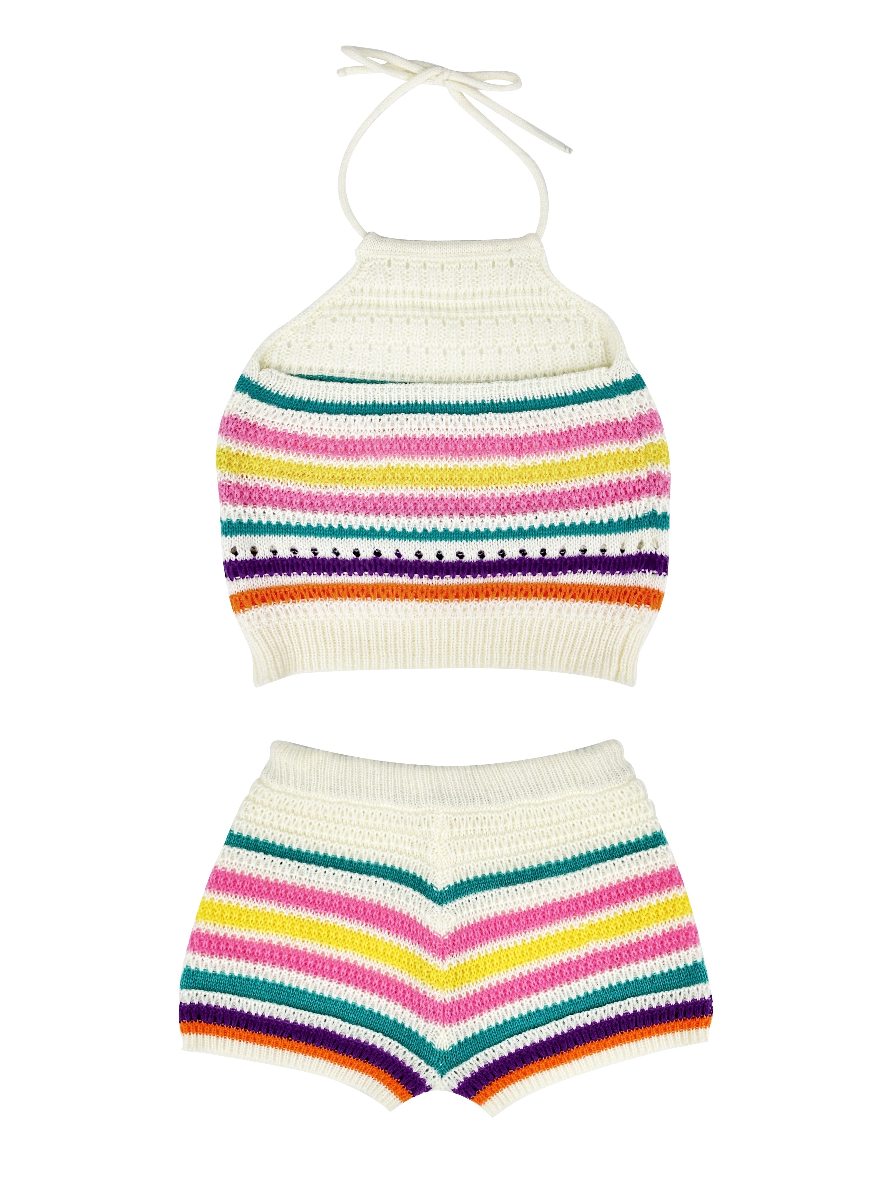 Two-piece Y2K Striped Print Matching Set, Halter Top & Drawstring Shorts Outfits for Women