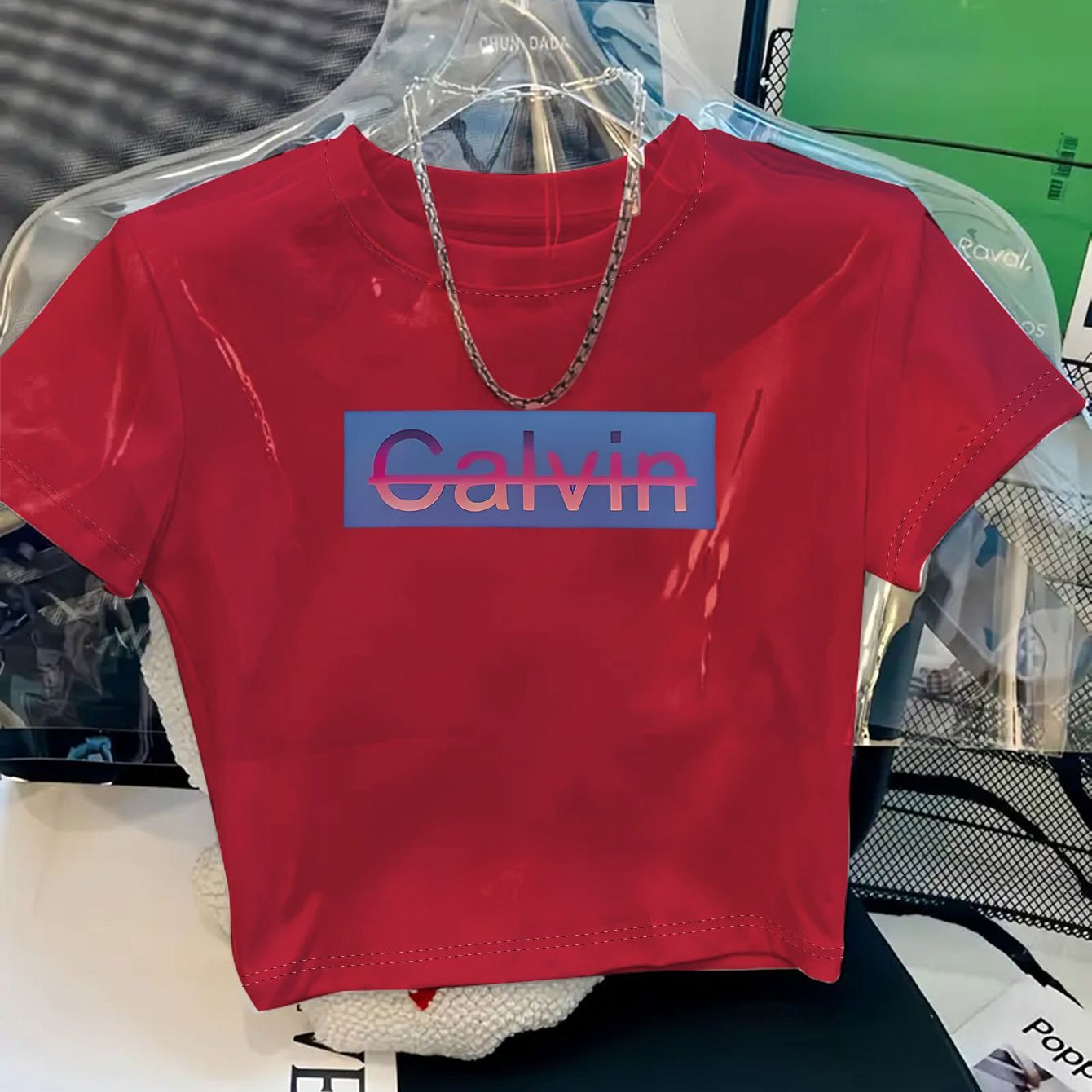 Women's Y2K Style Cropped T-Shirt with Bold CALVIN Monogram Print - Vibrant Red & Blue Lettering, Soft Comfortable Fabric, Machine Washable, Versatile Casual & Dressy Outfits