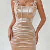 Elegant Off-Shoulder Ruched Bodycon Dress with Embroidered Appliques - Stretchy Polyester Blend, Machine Washable - Perfect for All Seasons, Pleated, Ladies