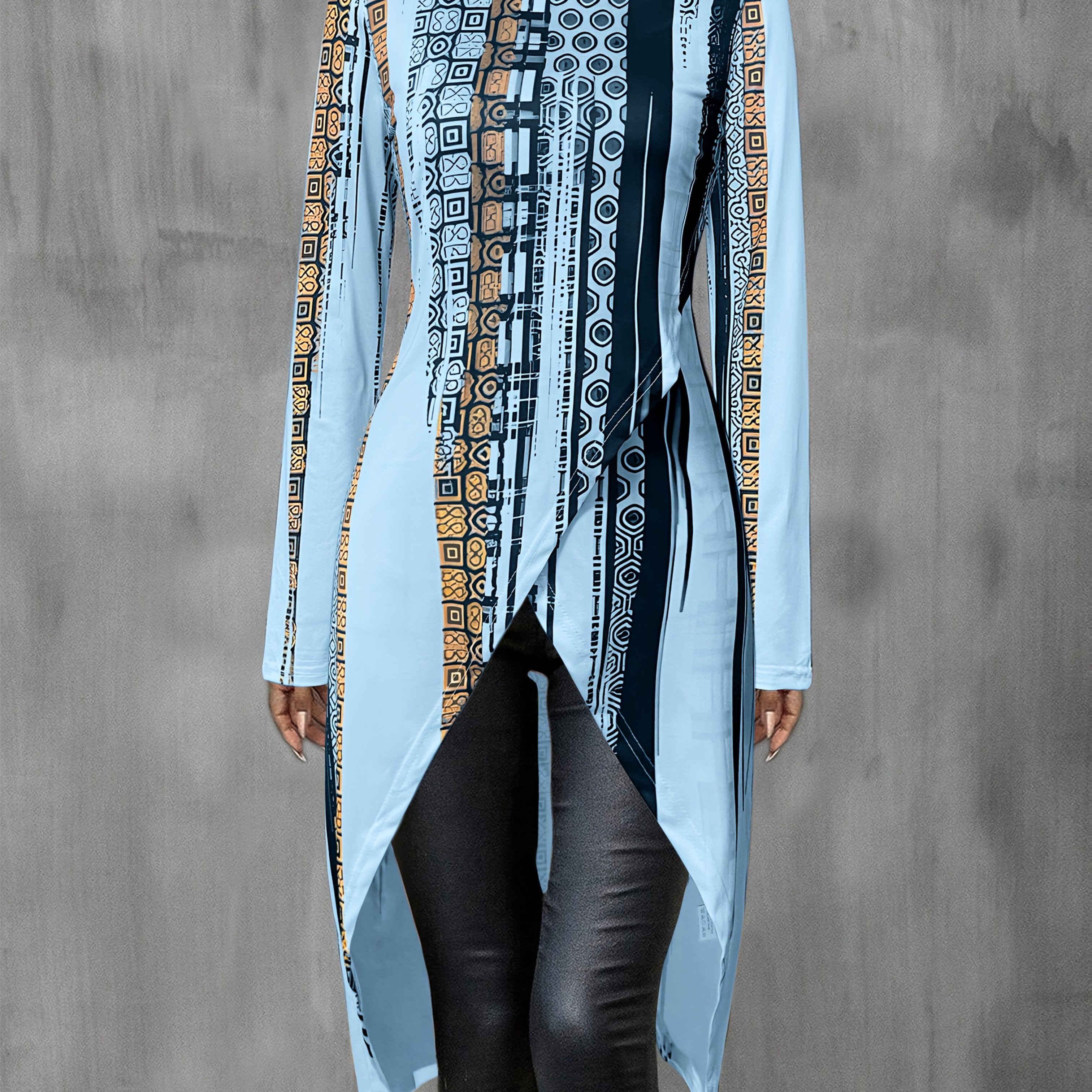 Women's Elegant Long Sleeve Top with Geometric and Striped Print - Round Neck, Asymmetrical Hem, Lightweight Polyester Blend for Spring, Fall, and Winter