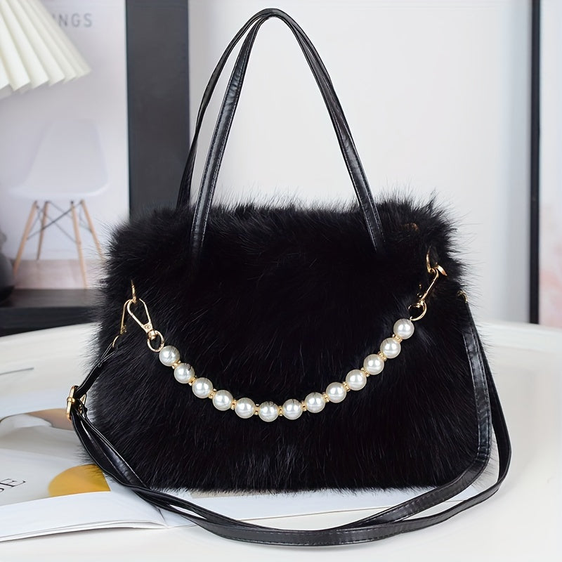 Chic Faux Fur Crossbody Bag with Pearl Accents - Soft Plush Shoulder Purse for Women, Available in Pink, Khaki, Coffee, White, Black