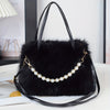 Chic Faux Fur Crossbody Bag with Pearl Accents - Soft Plush Shoulder Purse for Women, Available in Pink, Khaki, Coffee, White, Black