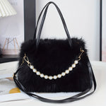 Chic Faux Fur Crossbody Bag with Pearl Accents - Soft Plush Shoulder Purse for Women, Available in Pink, Khaki, Coffee, White, Black