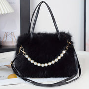 Chic Faux Fur Crossbody Bag with Pearl Accents - Soft Plush Shoulder Purse for Women, Available in Pink, Khaki, Coffee, White, Black