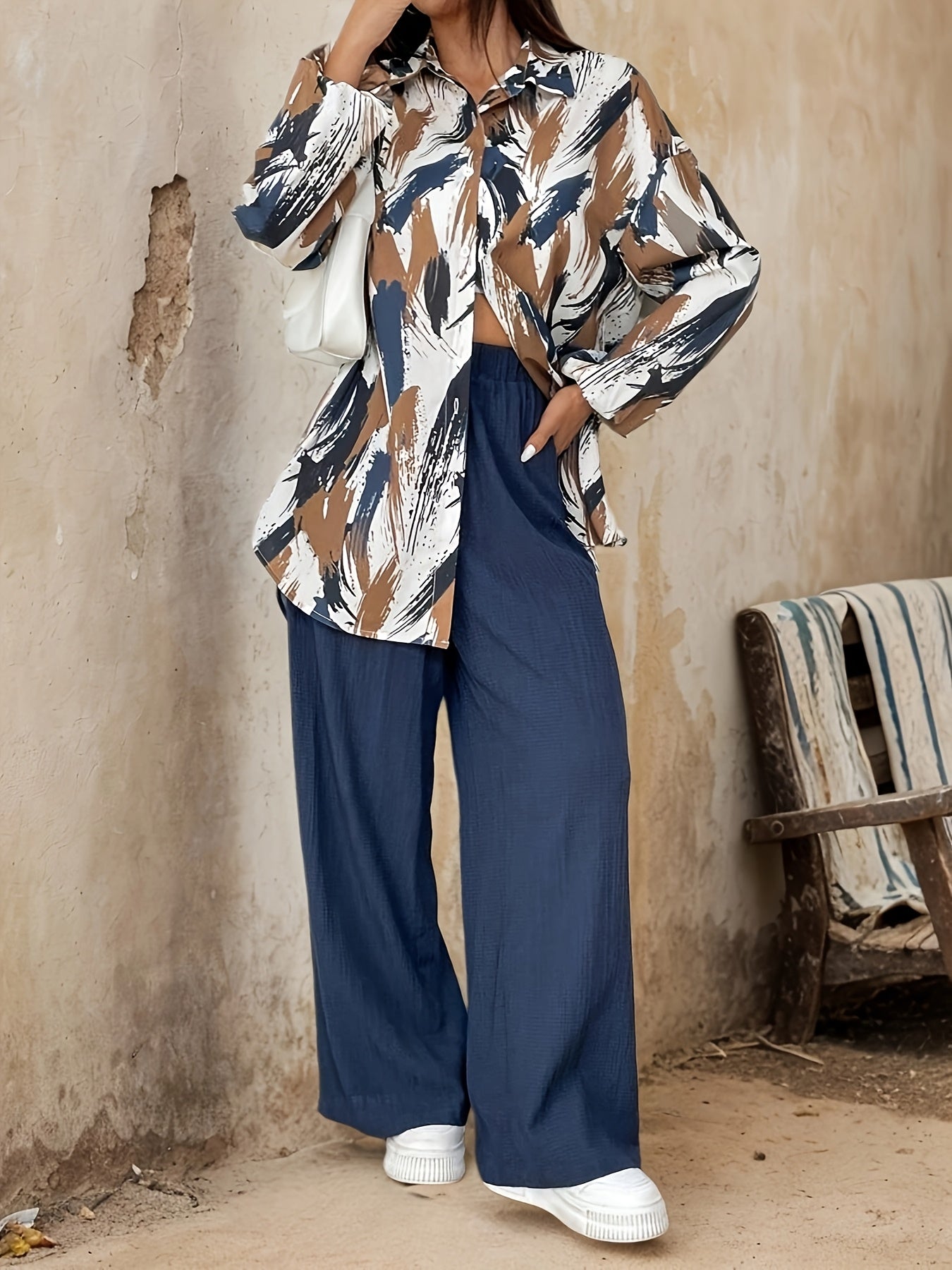Women'S Casual Spring/Summer 2pcs Set - Floral Print Long Sleeve Blouse & Wide-Leg Pants, Button-Up Top with Pockets, White Sneakers, and White Handbag, Casual Attire|Floral Print Top|Buttonup Top