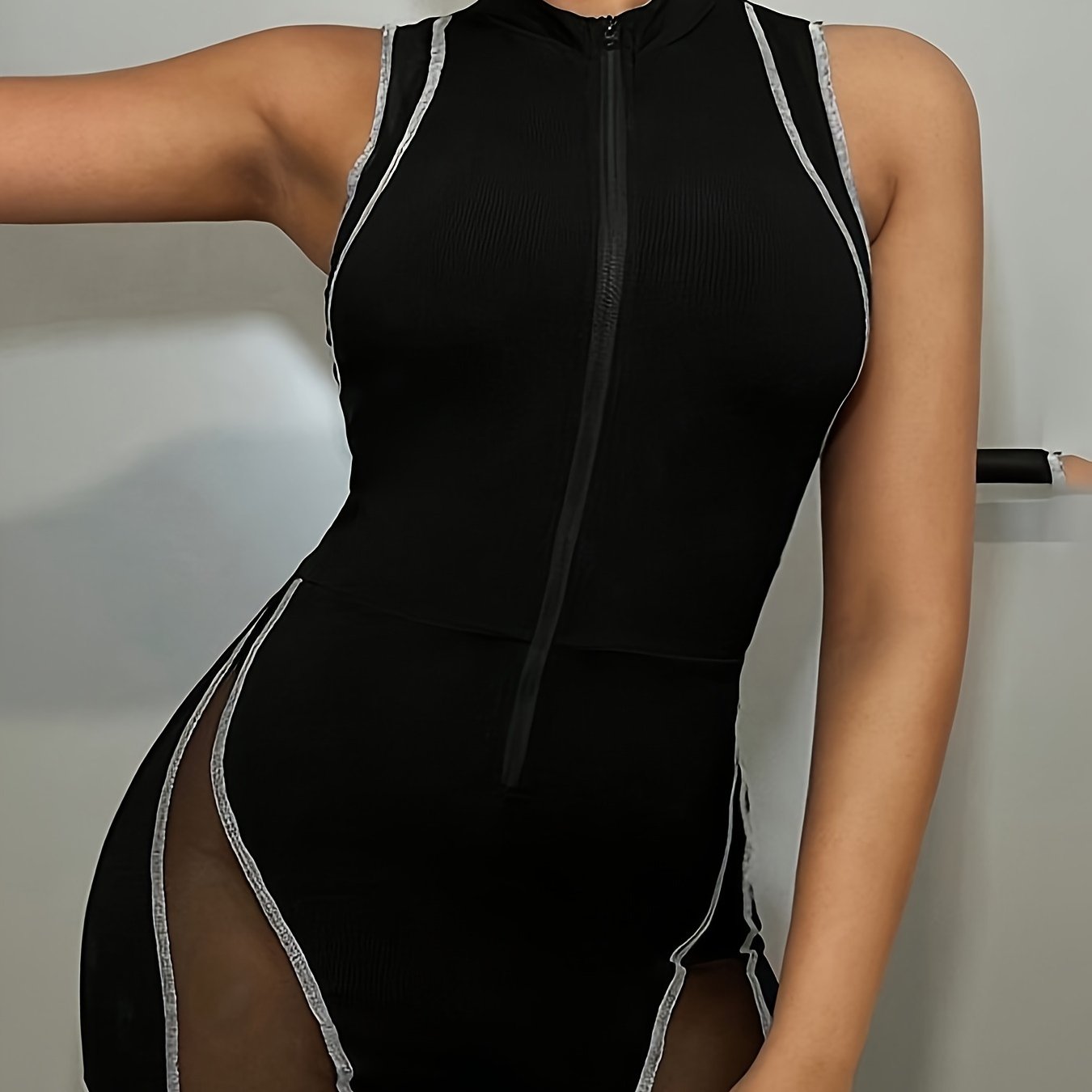 Contrast Trim Tank Romper Jumpsuit, Casual Zip Front Sleeveless Romper Jumpsuit, Women's Clothing