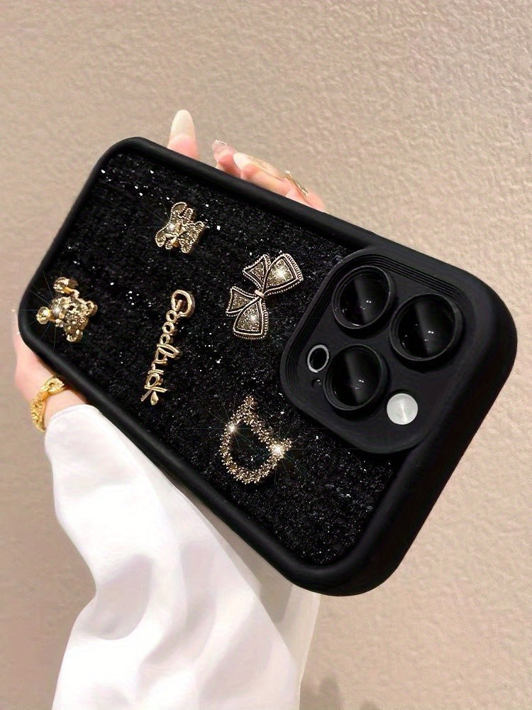 Compact Black Pouch for Iphone 15 Phone Case Featuring a Stereo Bear Design, Compatible with 14 Pro Max Soft Shell, Apple 13, Lanyard for Women, And 12 And 11 Models.