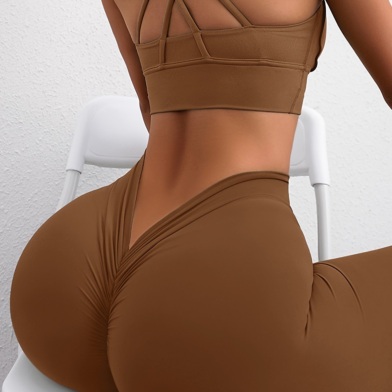 [High-Waisted Lift Yoga Pants] Women's High-Waisted Peach Lift Yoga Pants, Sexy Solid Color Cropped Leggings with Frill Detail, 78% Polyamide 22% Elastane Knit Fabric, All-Season Stretch Fitness Activewear