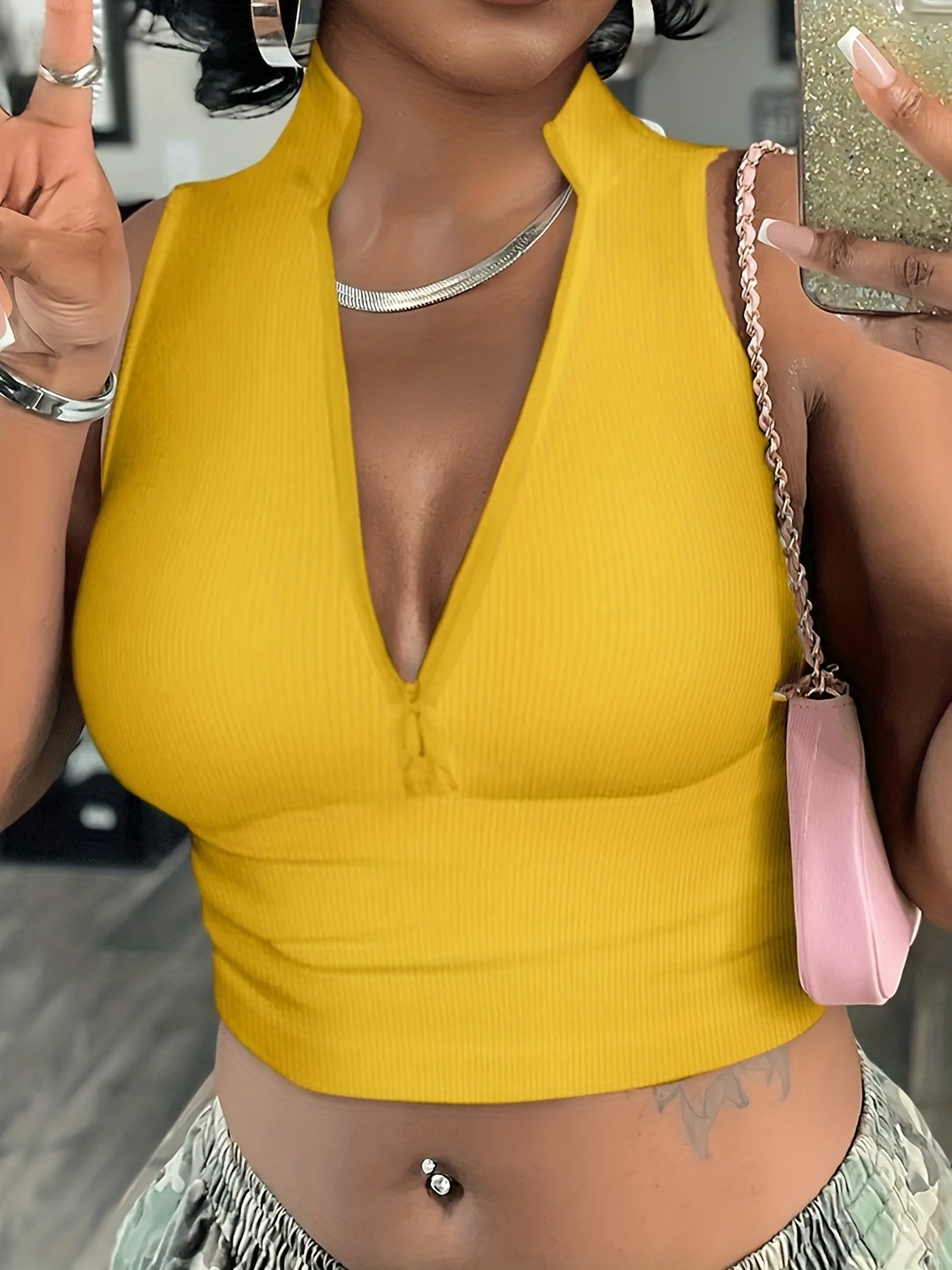 Women'S Sexy Ribbed Knit Tank Top, Solid Color Polyester 100% Vest with Zipper Detail, Crew Neck, Lightweight 250g/m² Knit Fabric, Spring/Summer/Fall Fashion